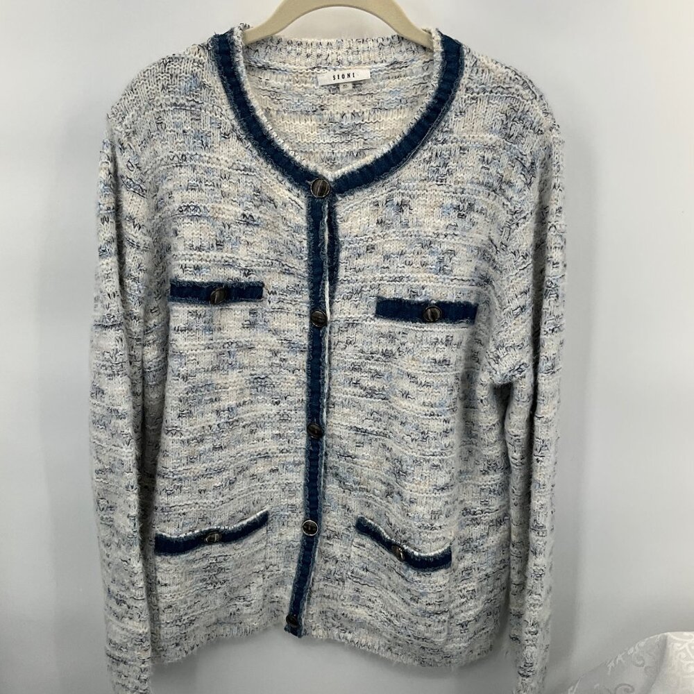 Sioni XL Blue & White Knit Cardigan Sweater‎ With Denim Accents & Button Front